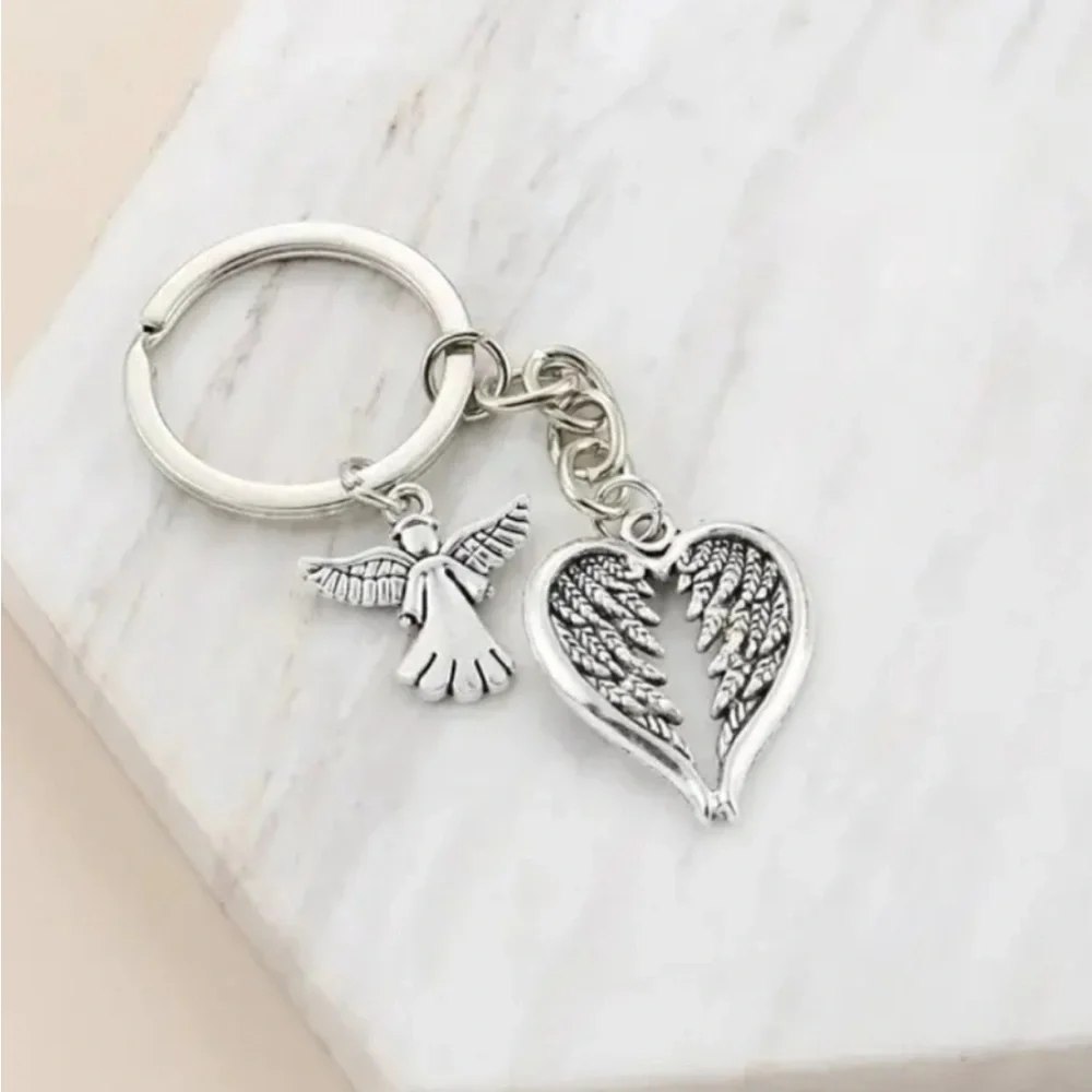 NWT Angel Wings Charm Keychain Silver Plated Angels Watching Over NEW